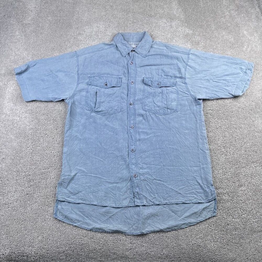 VINTAGE Albert Hei Top Womens‎ Medium Blue Silk Button Up High Low Pockets
